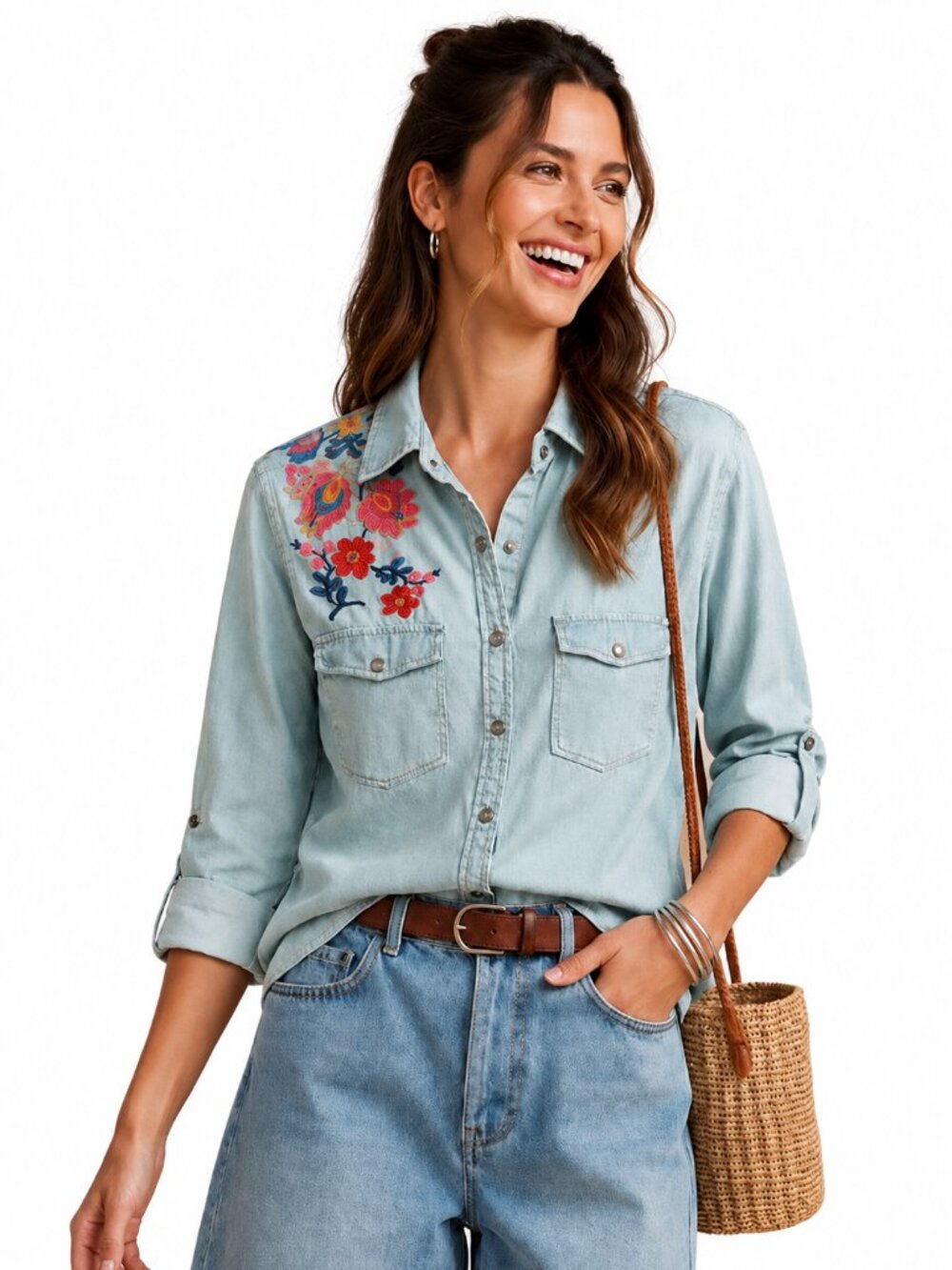 Billy T.  embroidered shirt front & back, corset style lace-up back, boho